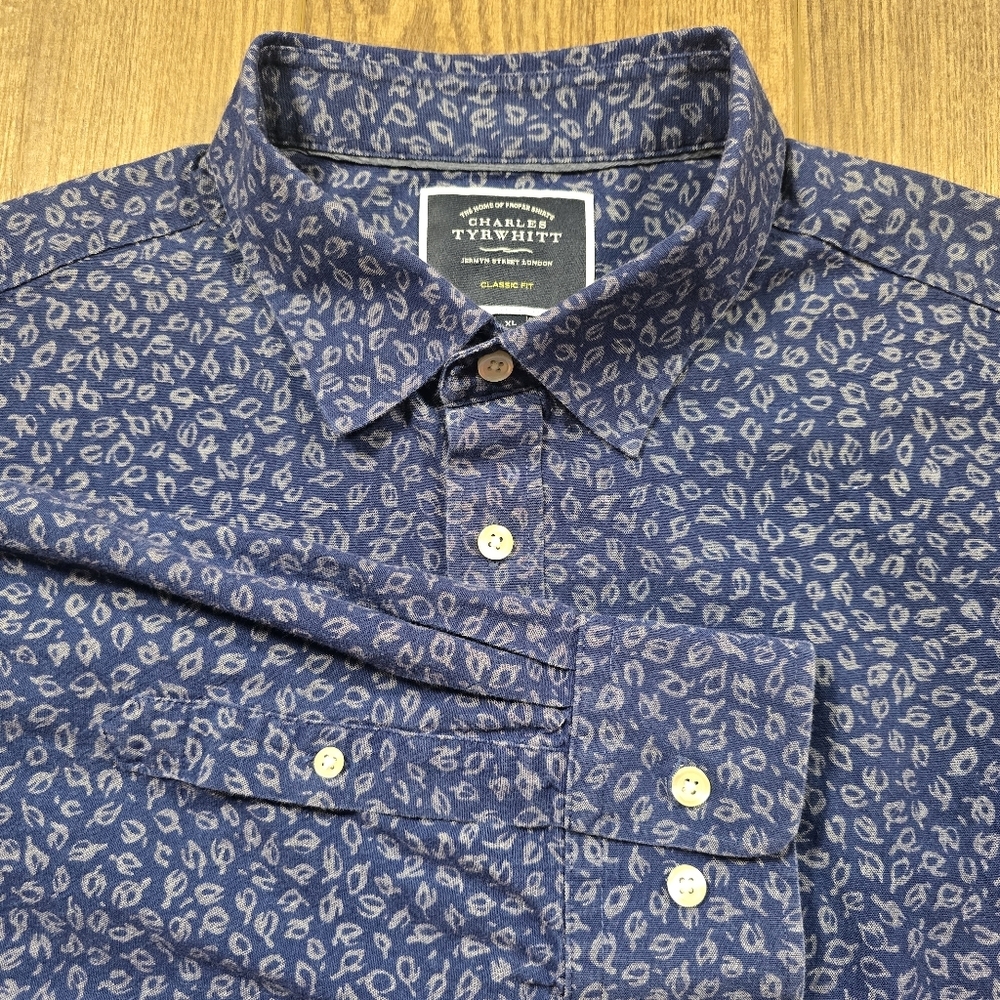 CHARLES TYRWHITT Dress Shirt Mens XL Blue Leaf Cotton Chambray Academia Preppy